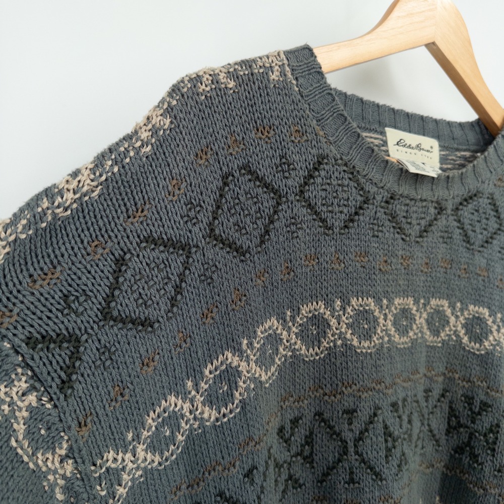 Vintage Eddie Bauer Knit Sweater Mens Large 90s Oversized Fair Isle Grandpa Gray - Picture 7 of 10